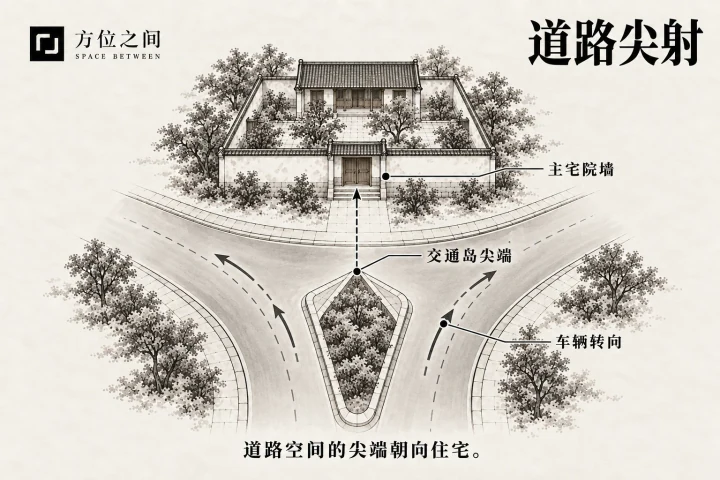 楔形交通岛尖端指向住宅院墙的鸟瞰示意