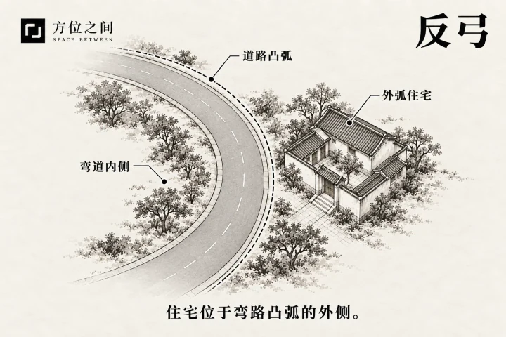 住宅位于弯道外弧一侧的俯视示意