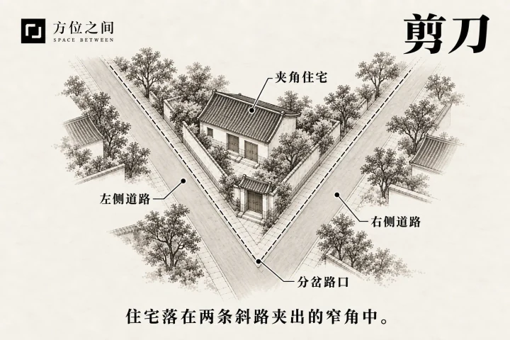 叉路两侧夹住三角地块住宅的俯视示意