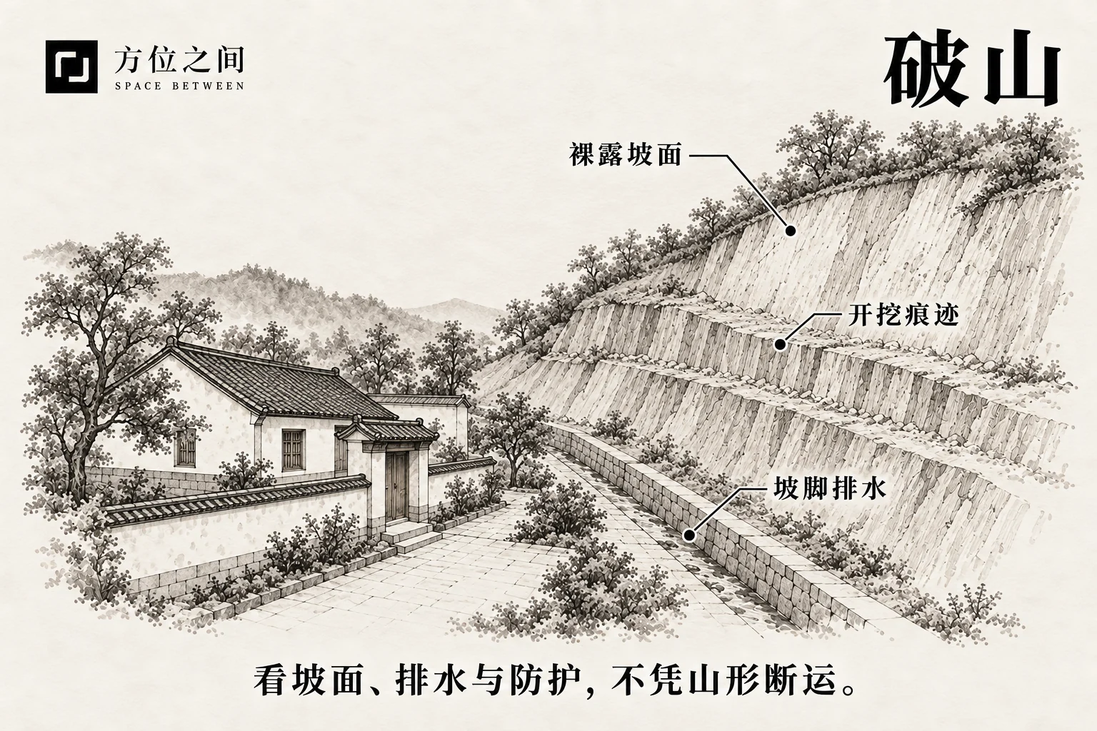 住宅远处是带排水沟和护坡网的切坡,局部岩土裸露。