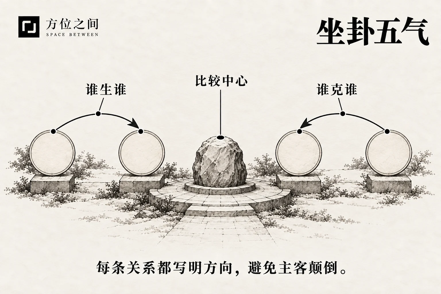 中央墨石与五种自然形态由淡墨笔触相连,示意比较关系的方向。