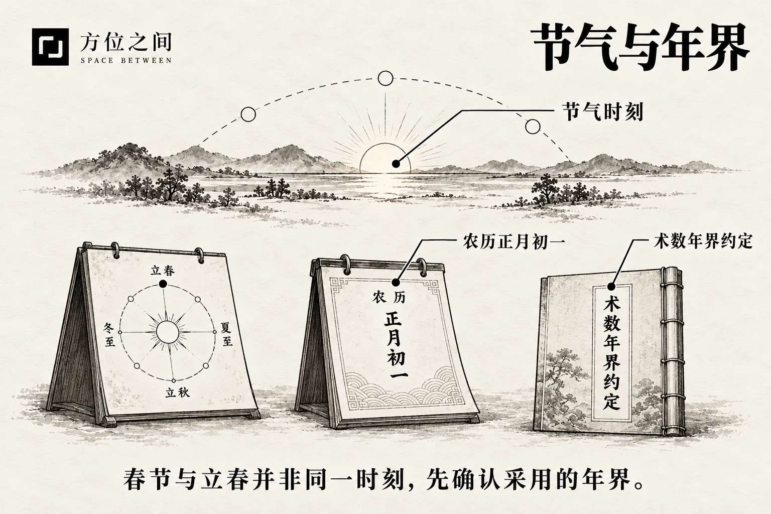 淡日、春枝与两张错开的日历的艺术示意