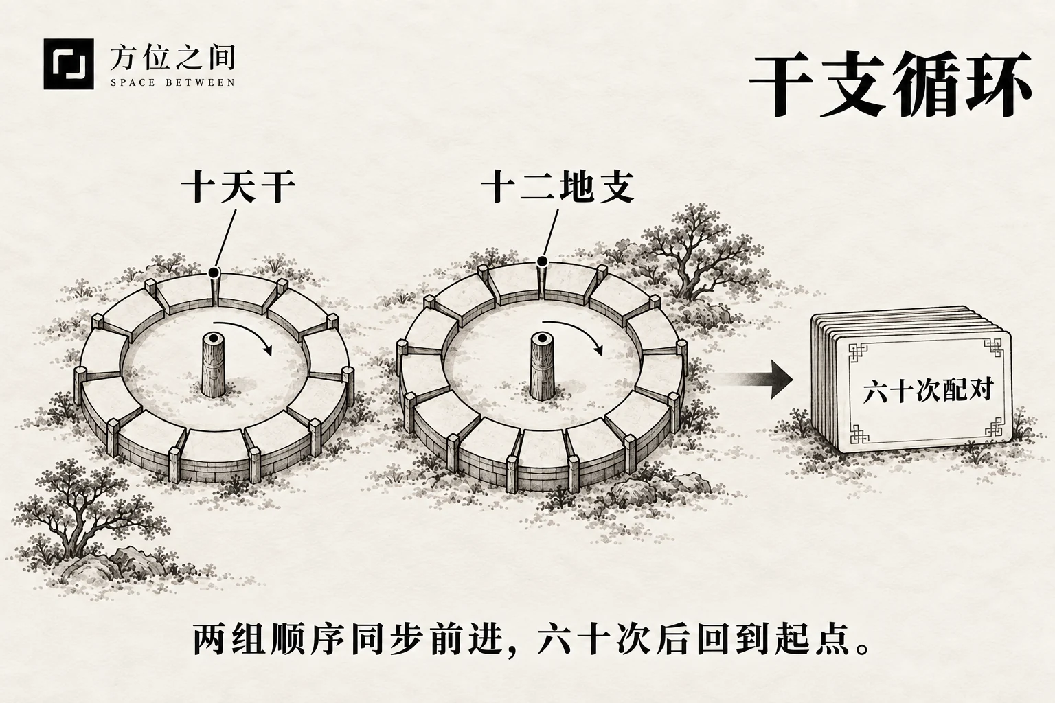 两道交错墨环与折叠日历的艺术示意