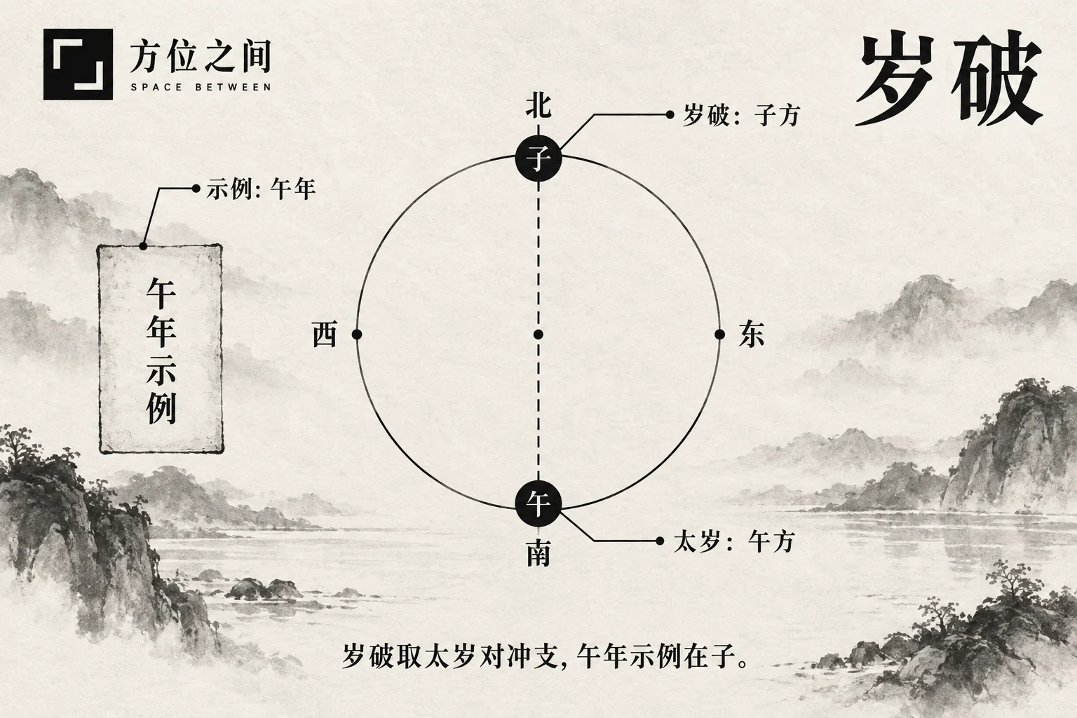 俯视住宅平面与罗盘,两端相对的简洁指针示意太岁和岁破的关系。