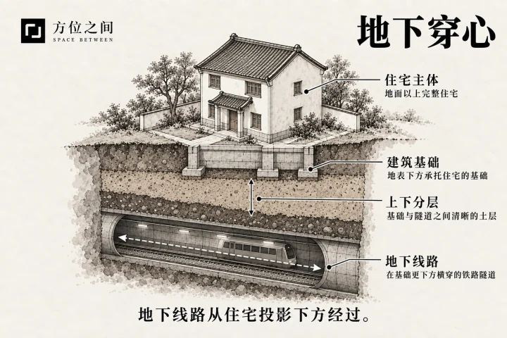 地铁隧道在住宅地基下方经过的剖面示意
