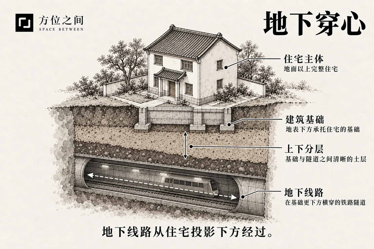地铁隧道在住宅地基下方经过的剖面示意