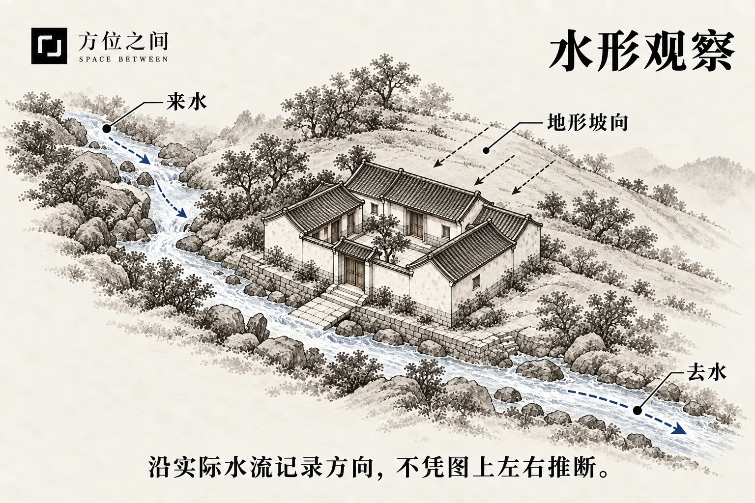 院落、溪流与高低地势的水墨剖面