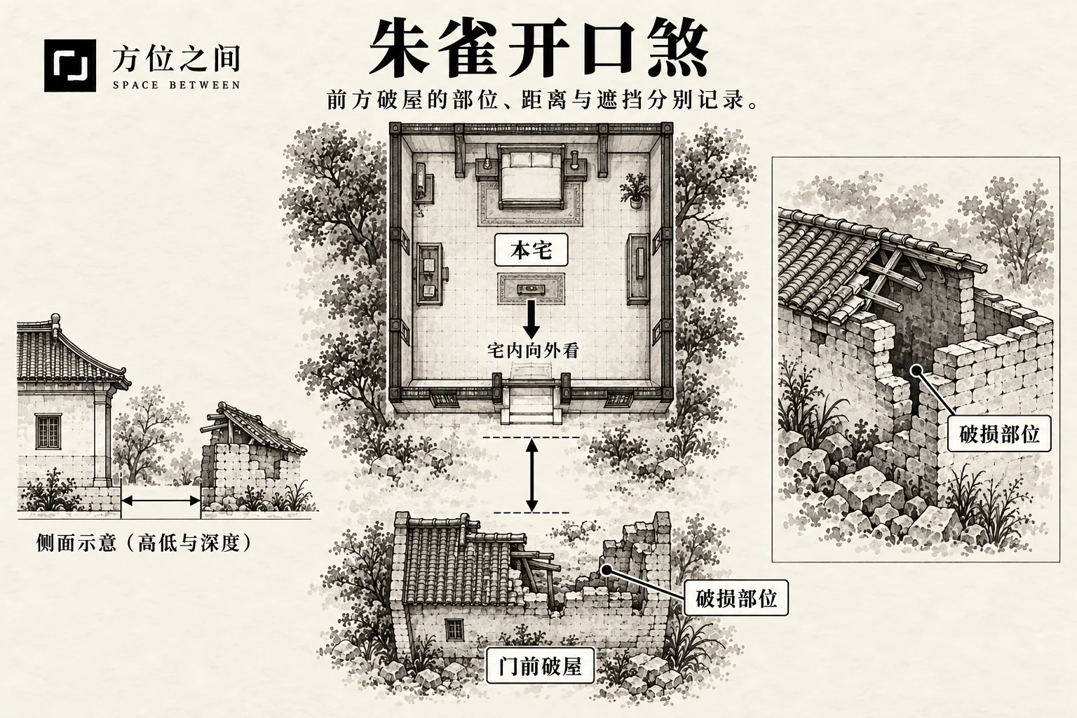 朱雀开口煞的空间关系示意:门前有破屋;采用本批释义,不是考定古图