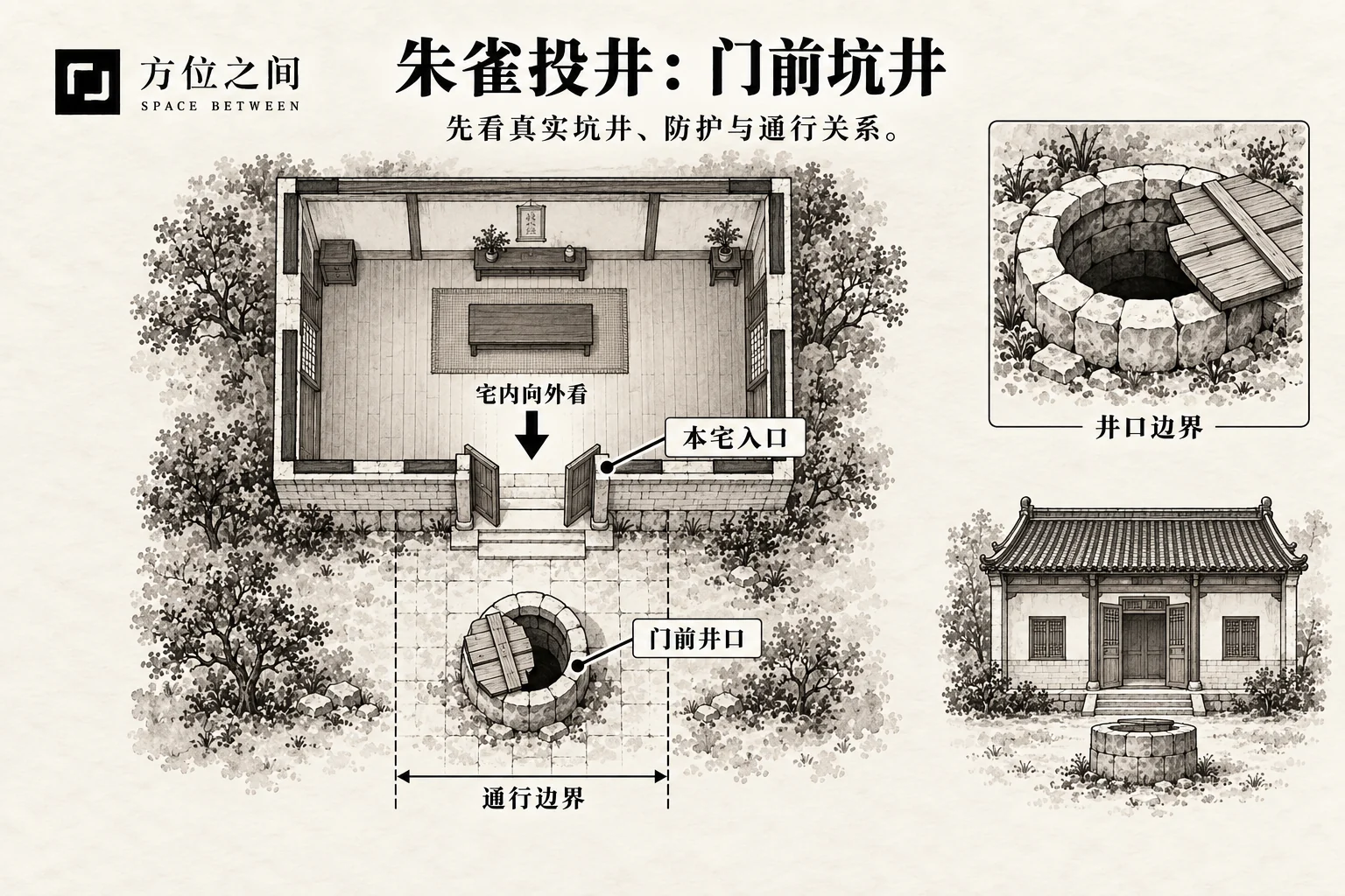 朱雀投井煞的空间关系示意:门前深坑或井;采用本批释义,不是考定古图