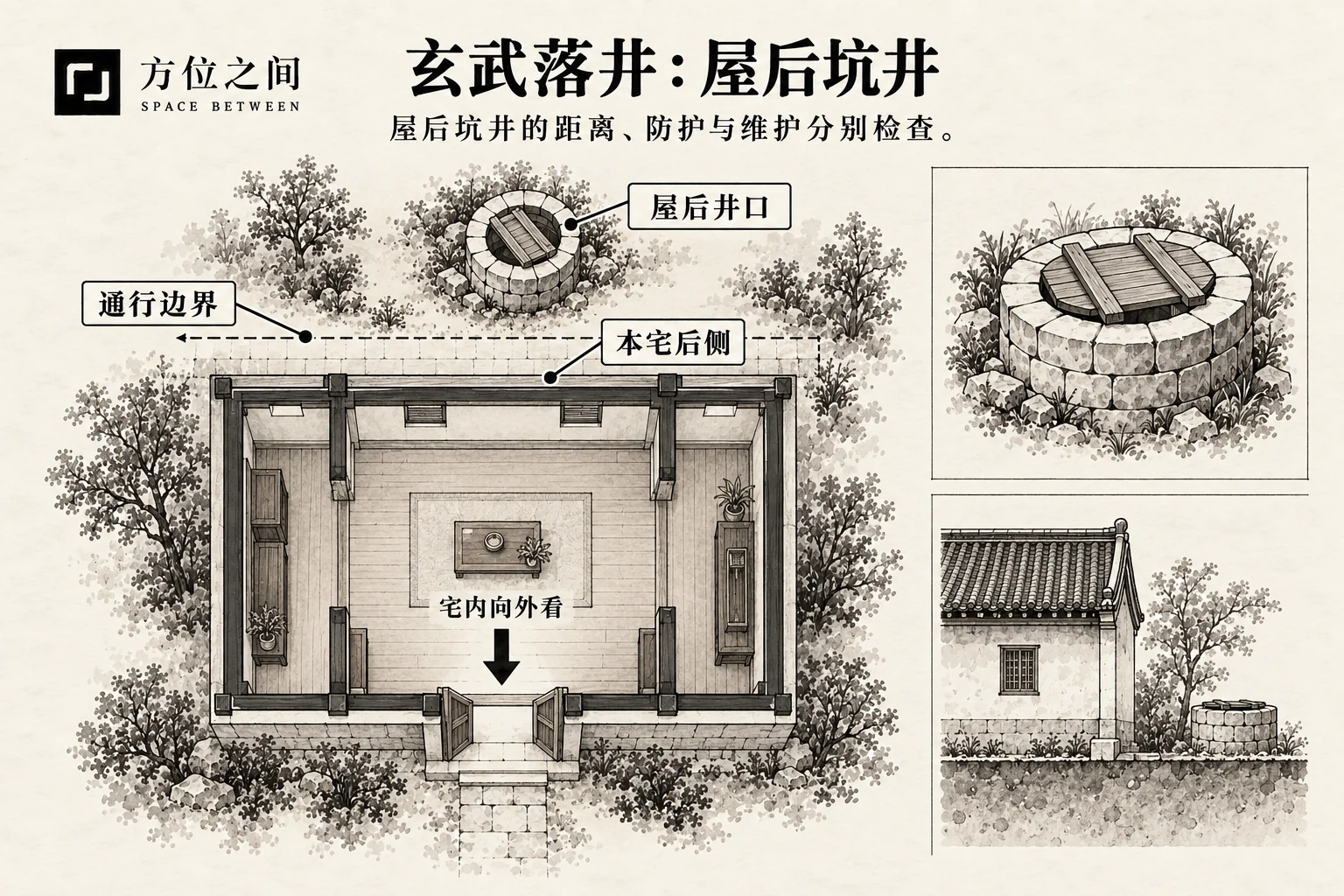 玄武落井煞的空间关系示意:屋后深坑或井;采用本批释义,不是考定古图