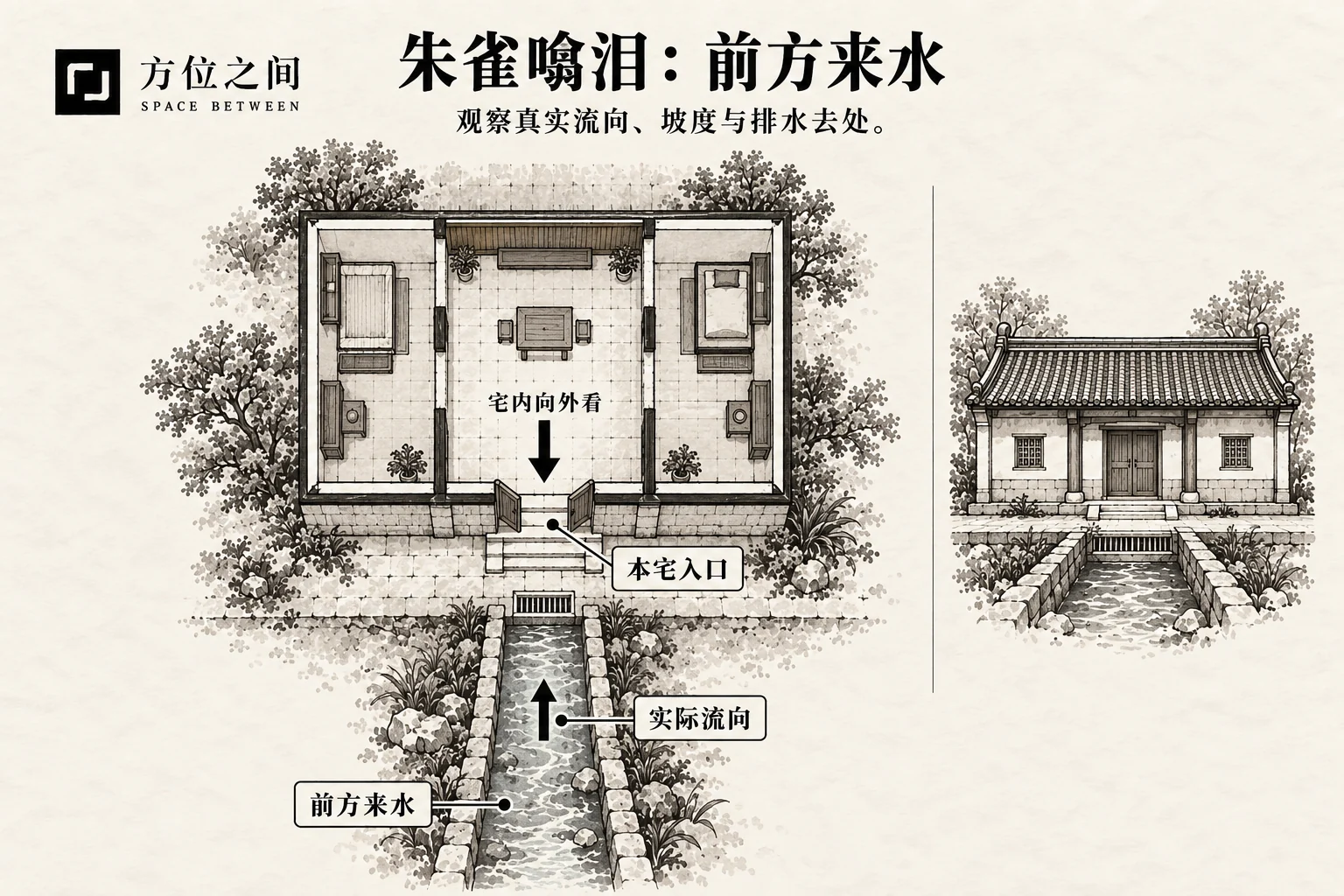朱雀噙泪煞的空间关系示意:门前水直冲;采用本批释义,不是考定古图