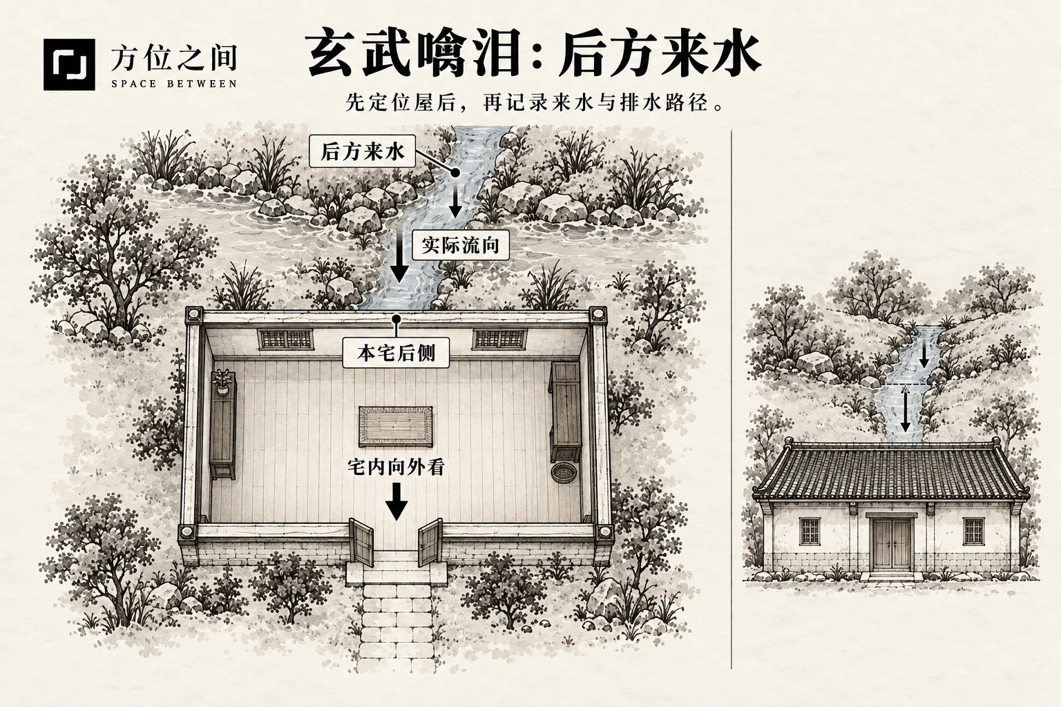 玄武噙泪煞的空间关系示意:屋后水直冲;采用本批释义,不是考定古图