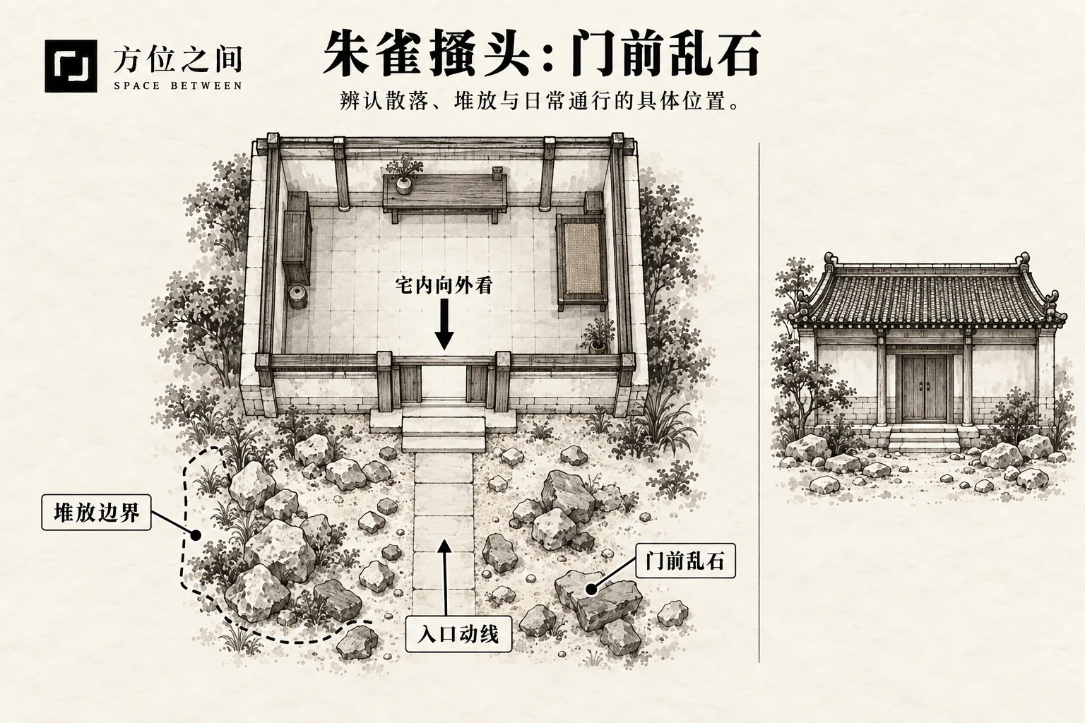 朱雀搔头煞的空间关系示意:门前乱石;采用本批释义,不是考定古图