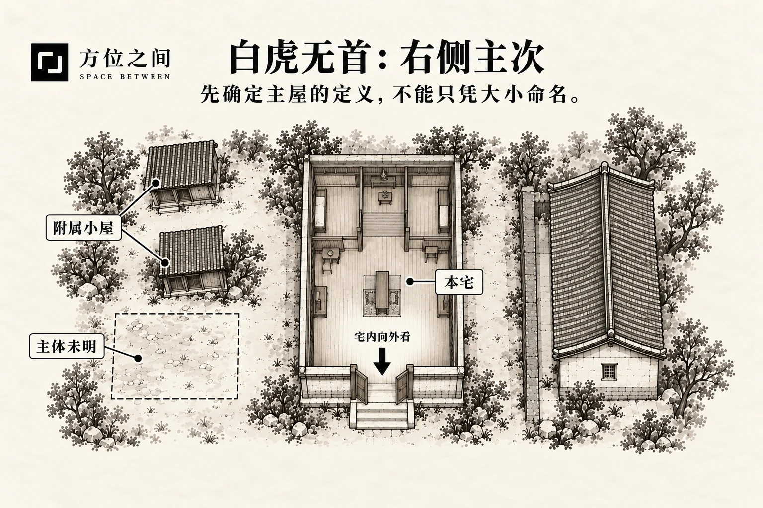 白虎无首煞的空间关系示意:右边无主屋;采用本批释义,不是考定古图