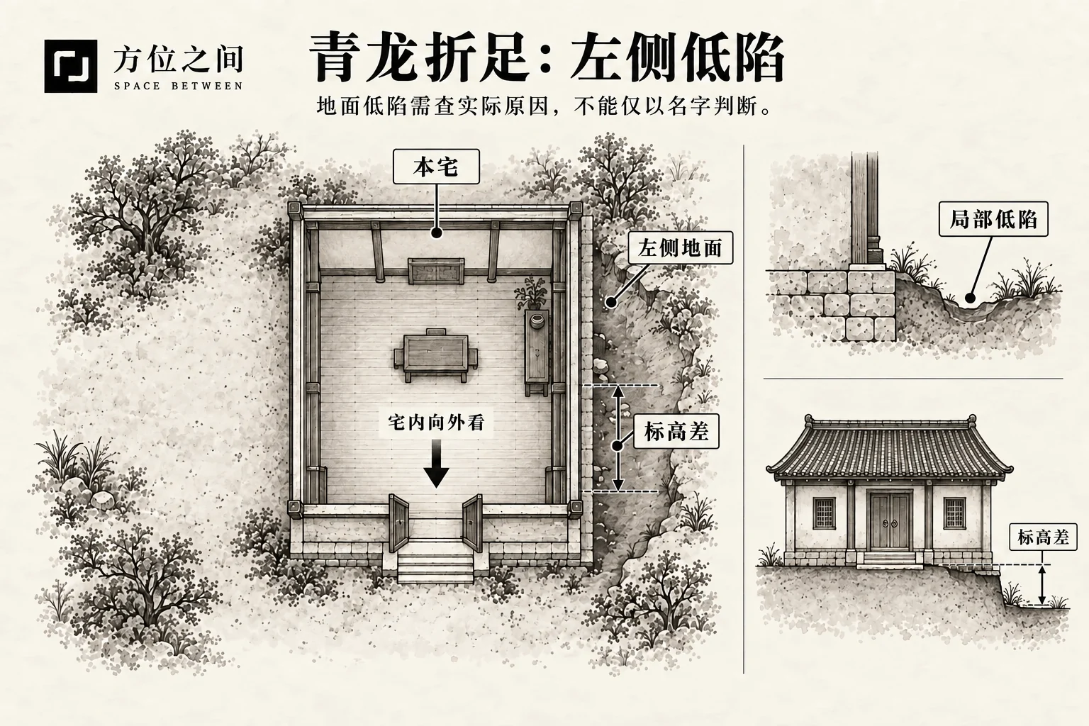 青龙折足煞的空间关系示意:左边地基低陷;采用本批释义,不是考定古图