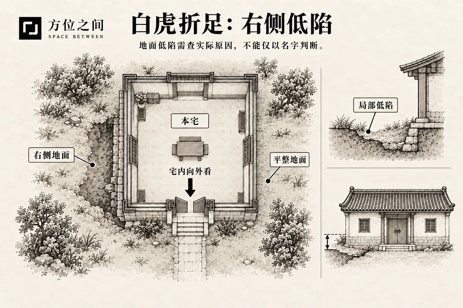 白虎折足煞的空间关系示意:右边地基低陷;采用本批释义,不是考定古图
