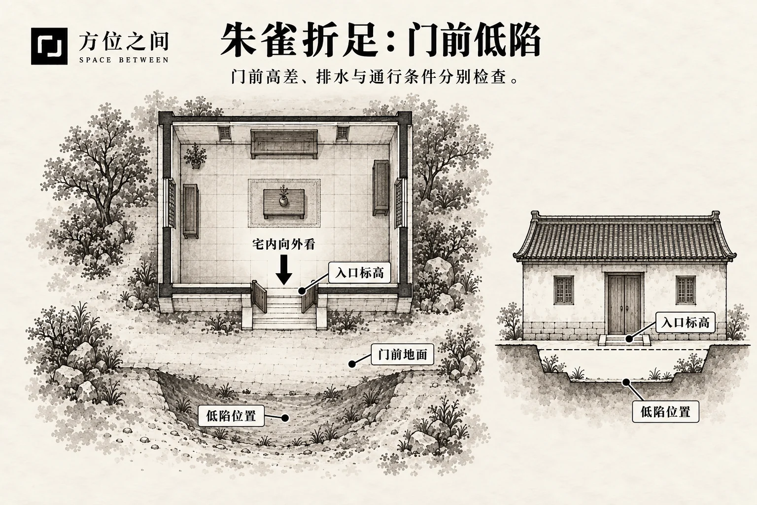 朱雀折足煞的空间关系示意:门前地基低陷;采用本批释义,不是考定古图