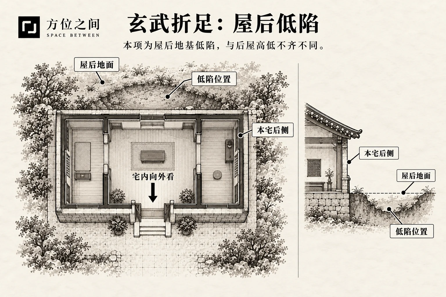 玄武折足煞:后方地基低陷的空间关系示意:屋后地基低陷;采用本批释义,不是考定古图