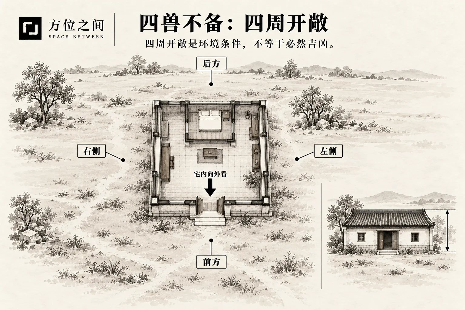 四兽不备煞的空间关系示意:前后左右皆无护卫;采用本批释义,不是考定古图
