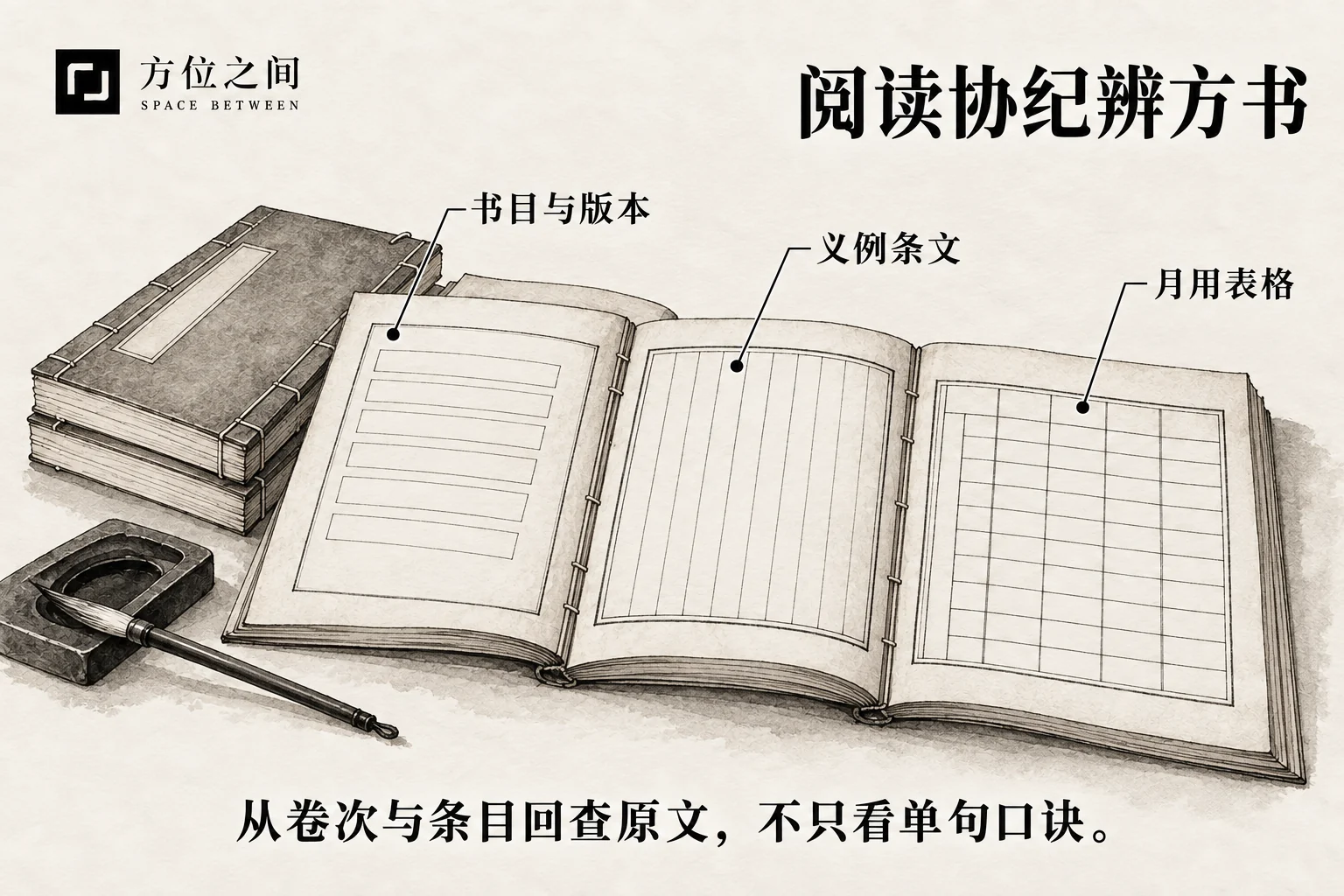 线装古书与素色书签的水墨艺术示意